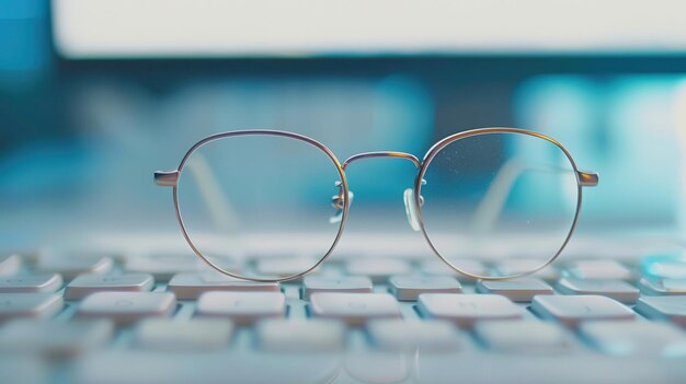 A pair of roundframed eyeglasses sits on a white keyboard in a modern office setting Generative AI