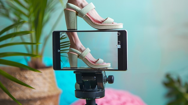 Photo a pair of sandals are on a camera and a phone is being held up by a plant