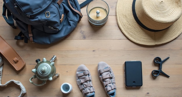 Photo a pair of sandals a teapot and a bag on a wooden table