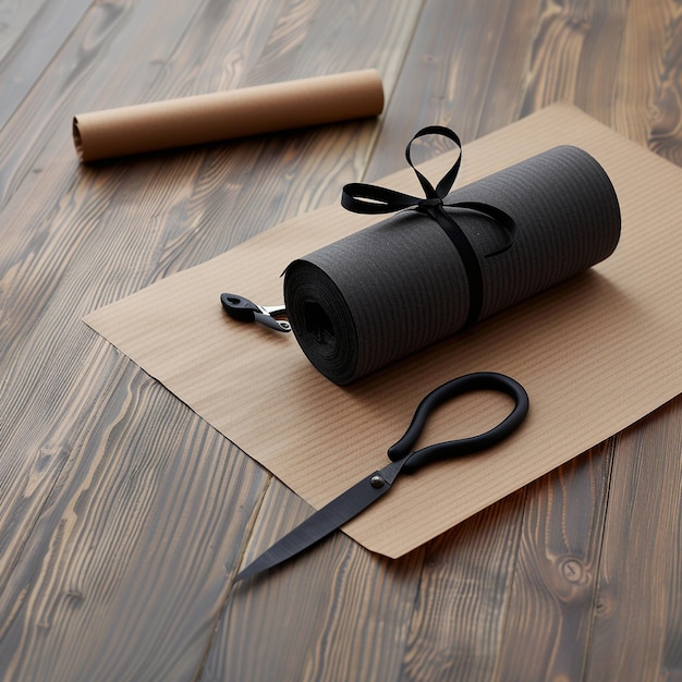 a pair of scissors is laying on a piece of cardboard with a black ribbon