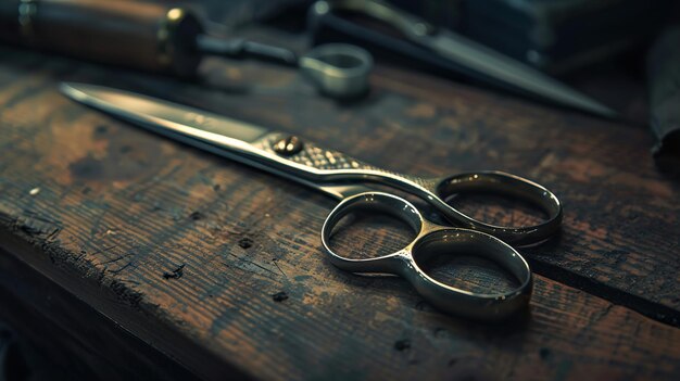 a pair of scissors with a black handle on a wooden table