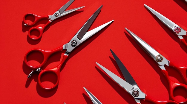 a pair of scissors with a red handle and a pair of scissors on a red surface