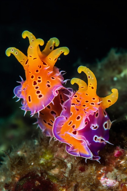 A pair of sea slugs are seen on a coral reef.