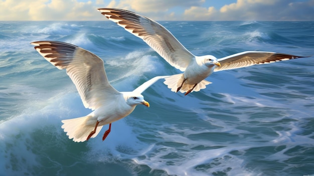 A pair of seagulls flying over the ocean AI generated