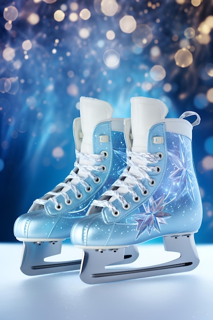 A pair of shiny blue ice skates with snow flakes for figure skating performance on blue bokeh background Blue glittering ice skates vertical banner Figure ice skating competition background AI