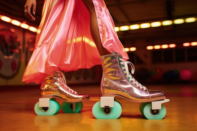 A pair of shiny roller skates with a woman in a pink dress