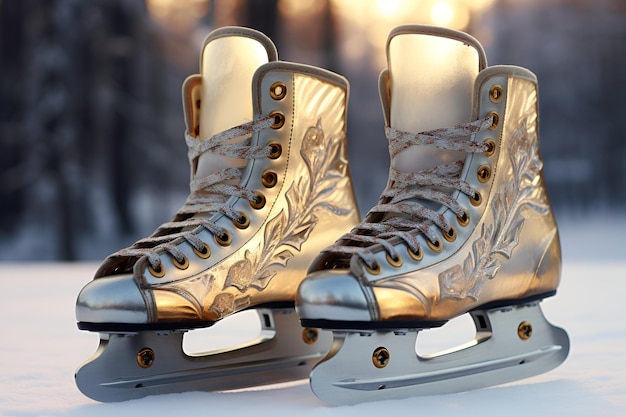 A pair of shiny white vintage ice skates with delicate embroidery for figure ice skating performance in the snow in the sunlight Figure ice skates in snow closeup Winter activity banner AI