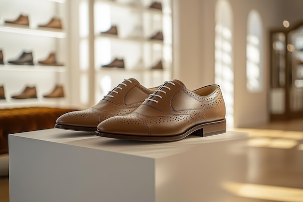 a pair of shoes are on display in a store