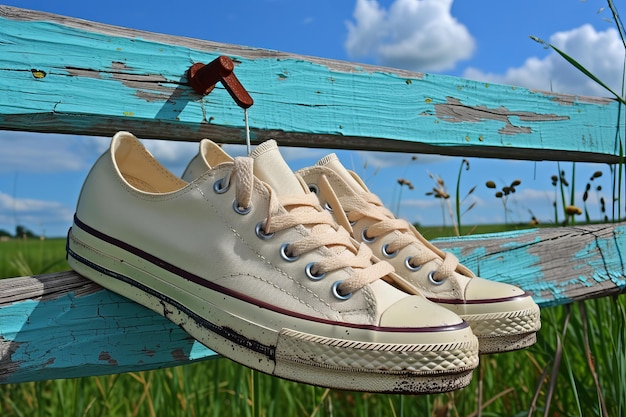 Photo a pair of shoes hanging on a blue wooden fence