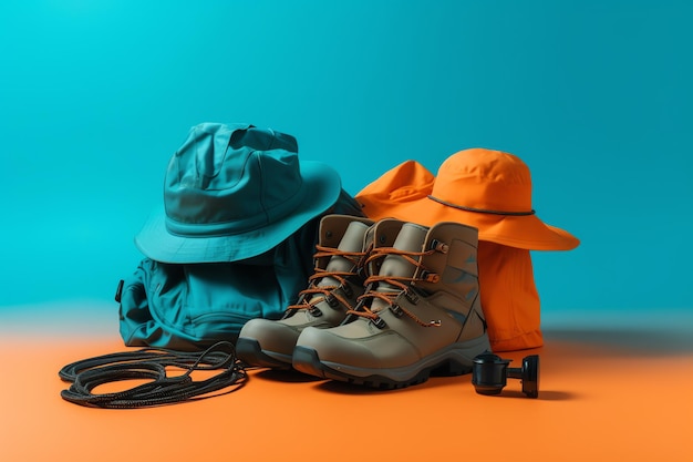 A pair of shoes and a hat are on a blue background.