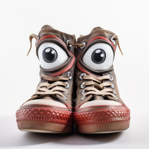 A pair of shoes with eyes and eyes on them with a white background.