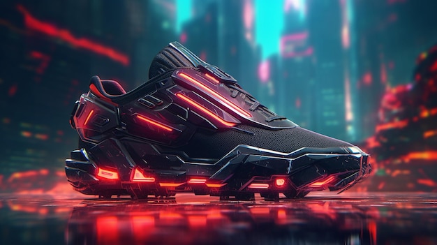 a pair of shoes with glowing lights and a city in the background