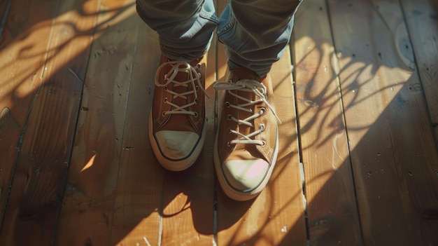 a pair of shoes with laces and laces are on a wooden floor