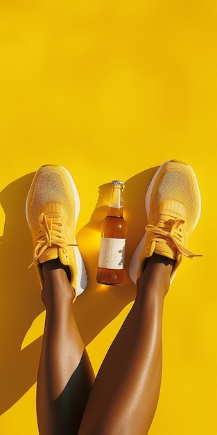 Photo a pair of shoes with yellow laces and a bottle of beer