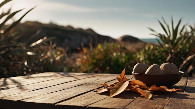 Photo a pair of shoes on a wooden bench with a sea view in the background