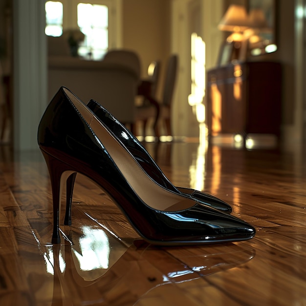 Photo a pair of shoes on a wooden floor with a piano in the background