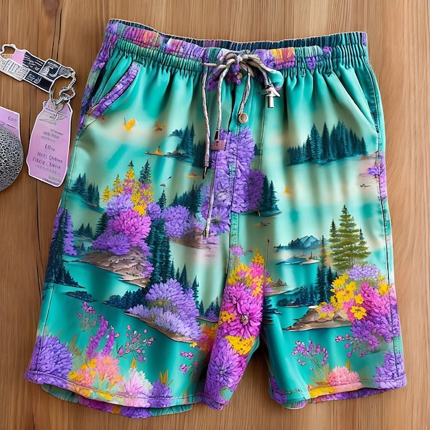 A pair of shorts with a drawing of a forest on them.