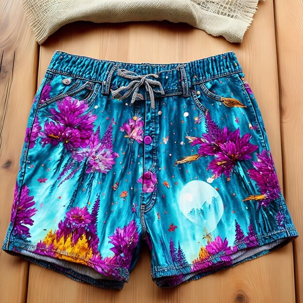 A pair of shorts with a moon and stars on the bottom.