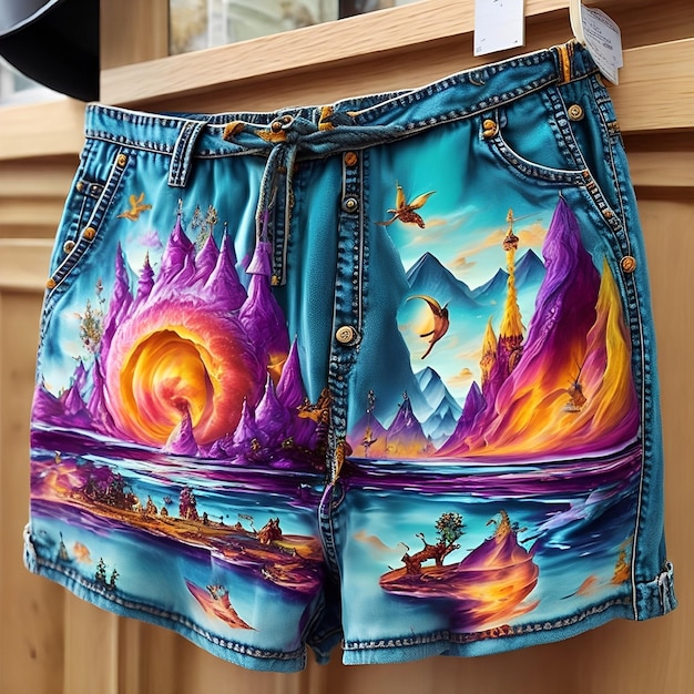 A pair of shorts with a painting of mountains and a mountain on them.