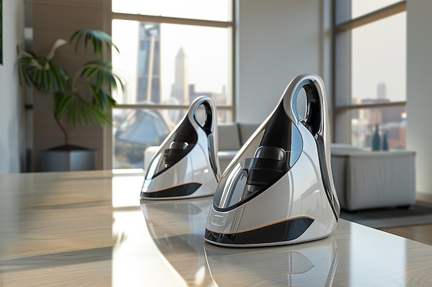 a pair of silver and black glass sculptures sit on a table