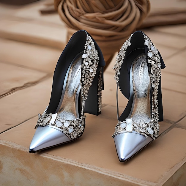 A pair of silver shoes with diamonds on the bottom.