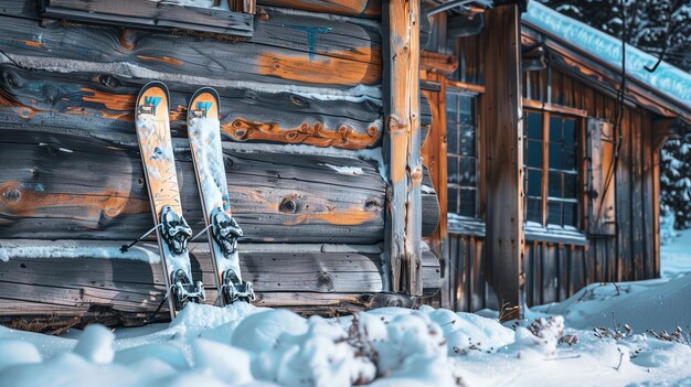 A pair of skis leaning against a wooden cabin in the snow The cabin is in the woods and surrounded by trees The snow is thick on the ground