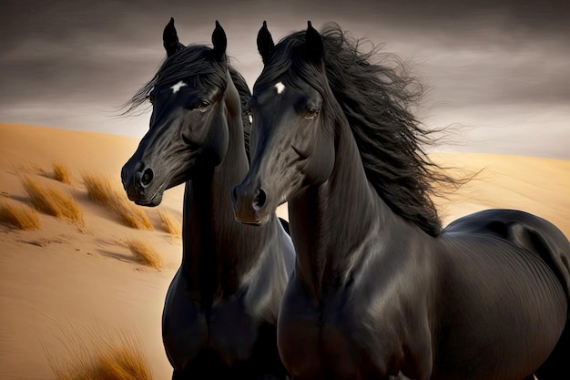 Pair of slender black horse on sand on shore