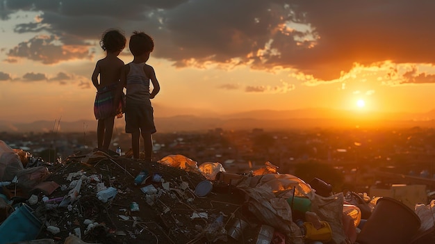 A pair of small children sitting on the rubbish heap watching the sun set Generative AI