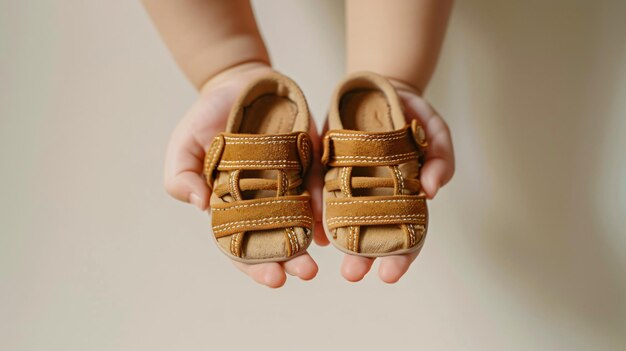 Photo pair of small newborn baby sandals held in super hand