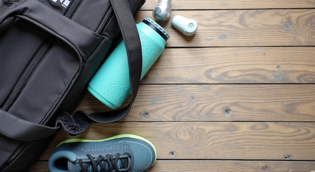 Photo a pair of sneakers and a backpack on a wooden floor