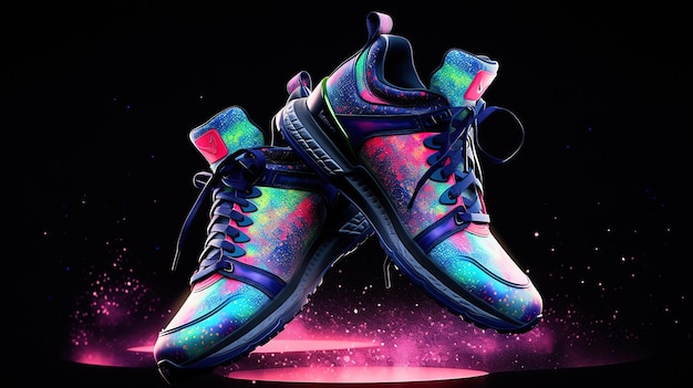 A pair of sneakers with a neon rainbow pattern on the bottom.