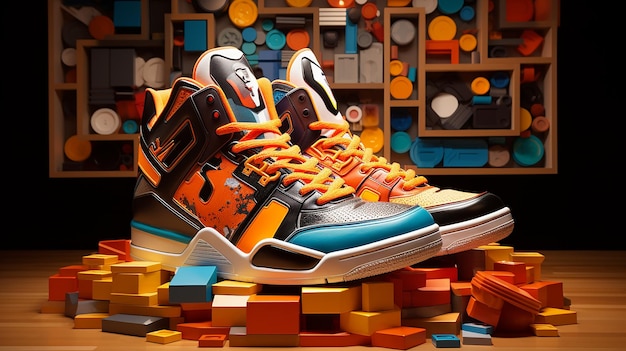 a pair of sneakers with orange and blue on them