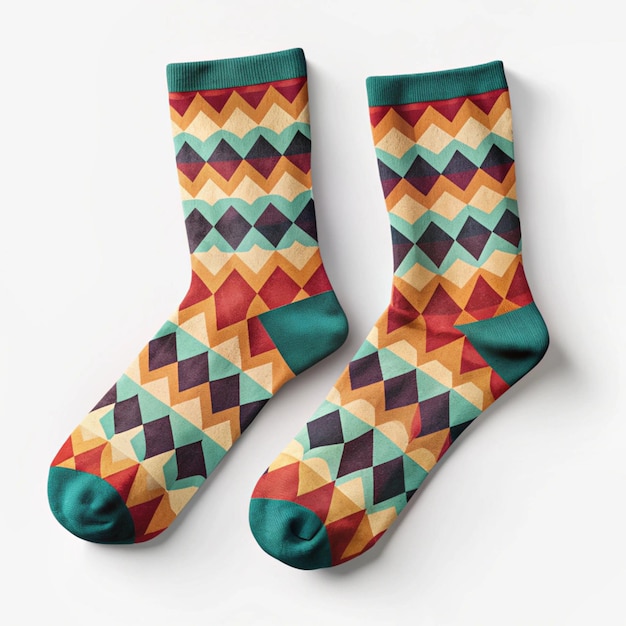 a pair of socks with a red green and orange pattern