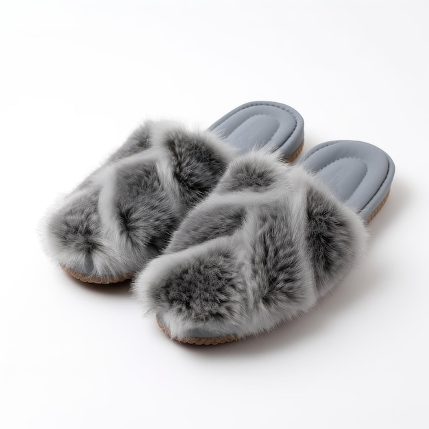 Pair of soft slippers on the background top view Space for text