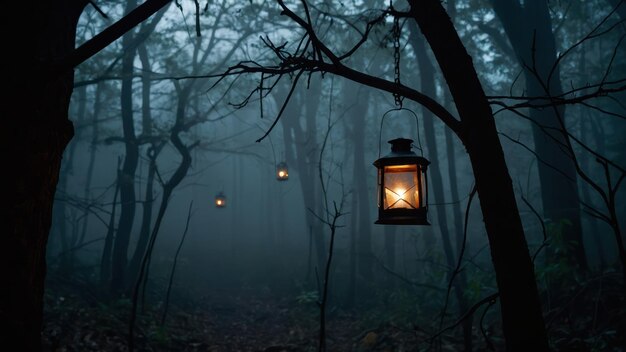 Photo a pair of spooky lanterns hanging from tree branches in a foggy forest perfect for halloween