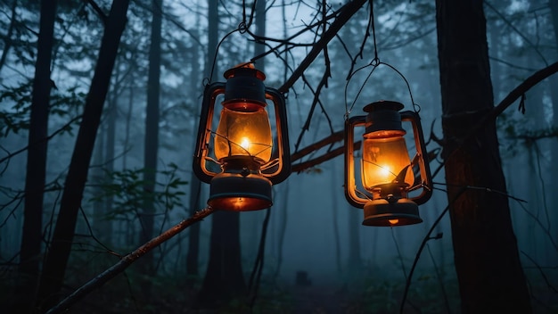 Photo a pair of spooky lanterns hanging from tree branches in a foggy forest perfect for halloween