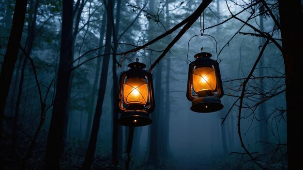 A pair of spooky lanterns hanging from tree branches in a foggy forest perfect for Halloween