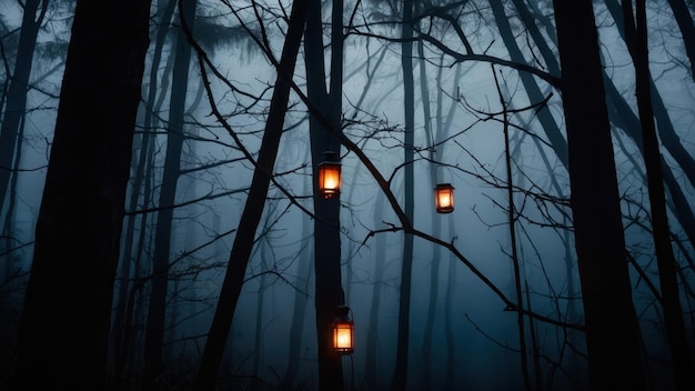 A pair of spooky lanterns hanging from tree branches in a foggy forest perfect for Halloween