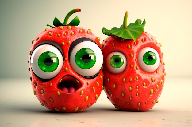 A pair of strawberries with green eyes and green eyes with a green mouth and a green nose.