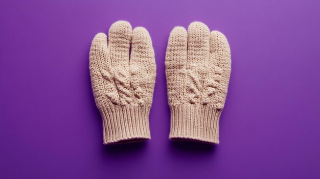 Photo pair of stylish woolen gloves on violet background