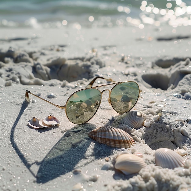 Photo a pair of sunglasses are on the sand with a beach sand beach