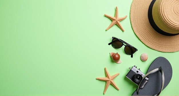 Photo a pair of sunglasses and a camera on a green table