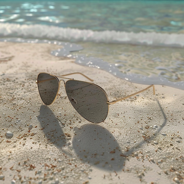 Photo a pair of sunglasses laying on a beach with the ocean in the background