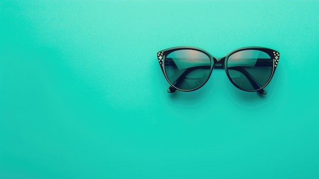 Pair of sunglasses lying on tealcolored surface