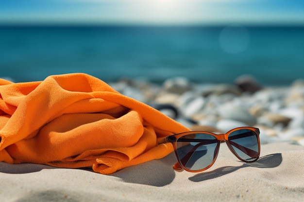 A pair of sunglasses and an orange beach towel are on the sand