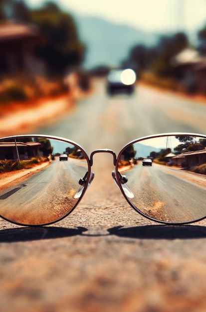 A pair of sunglasses on a road with a blurry background