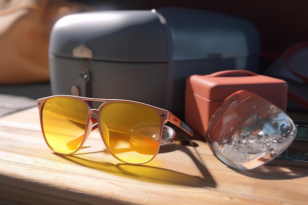 A pair of sunglasses sit on a shelf next to a box of salt.