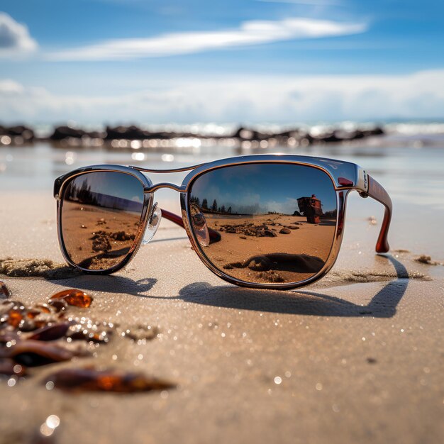 Photo a pair of sunglasses that are on the beach