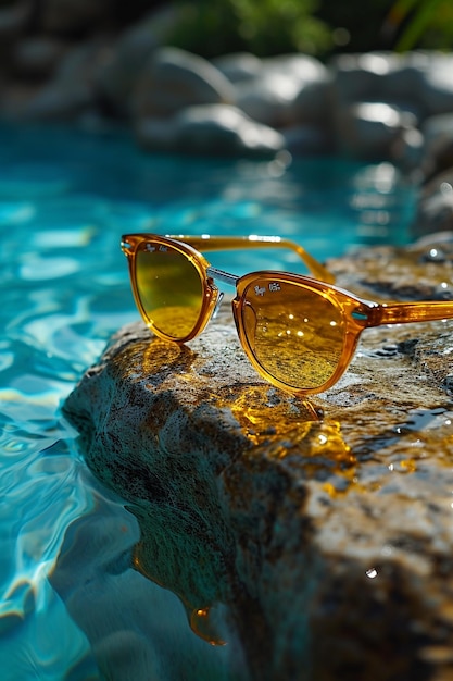 a pair of sunglasses that are on a rock