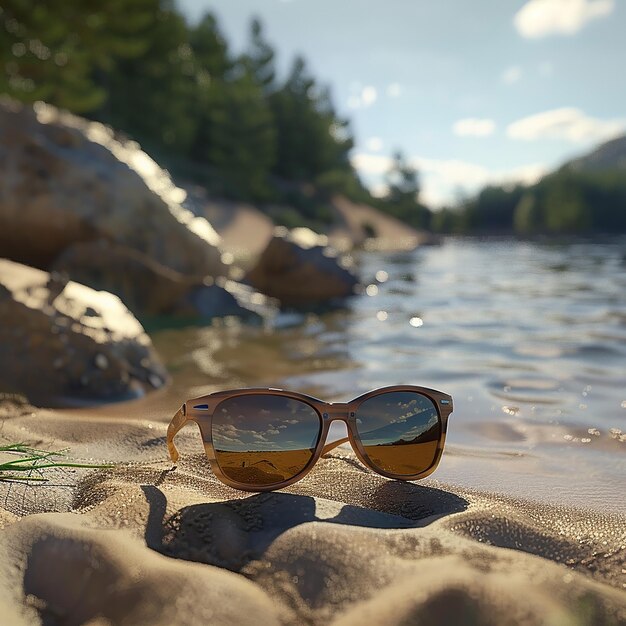 Photo a pair of sunglasses that is on the beach